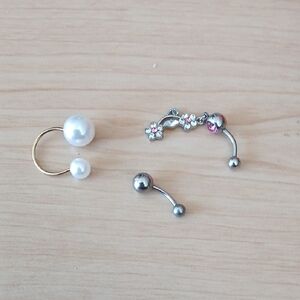 3 Piece Set of Silver and Gold Belly Button Rings With Balls And Faux Pearls